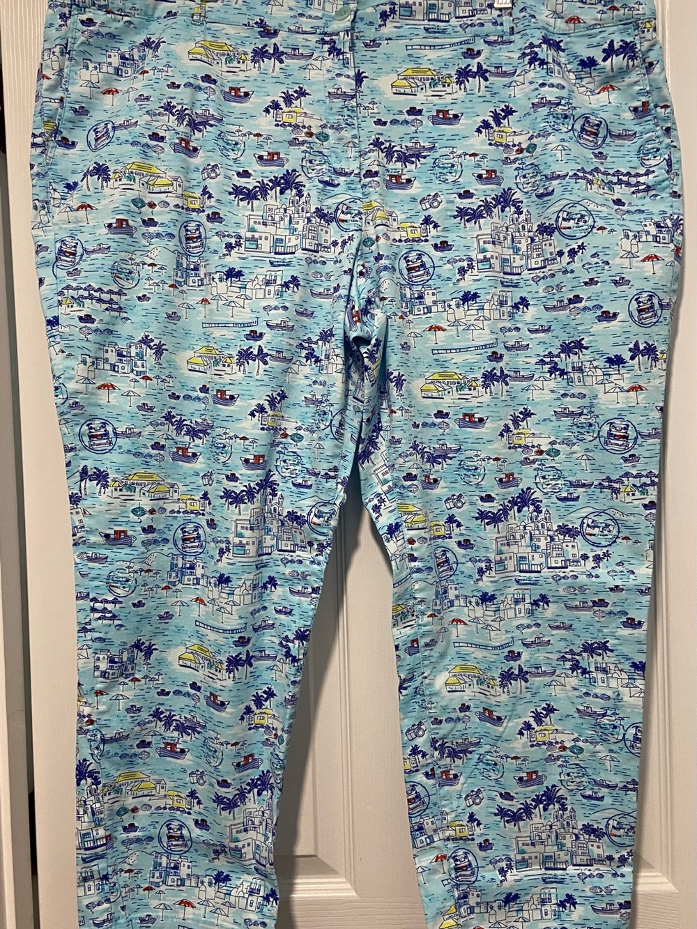 Light Blue Tropical Print Women's  Pants, 22W